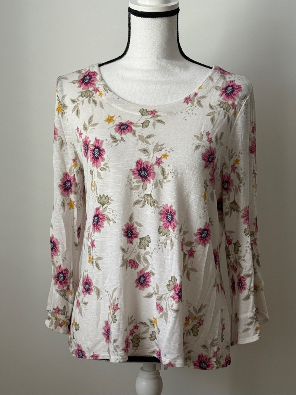Croft & Barrow Floral Long-Sleeve Scoop Neck Top - Pink/White